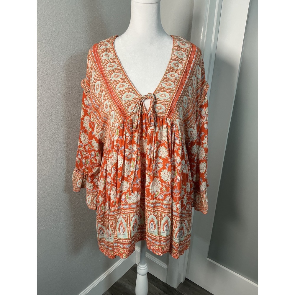 Free People Moonlight Dance Printed Tunic Orange Floral Boho Smock Top Size S